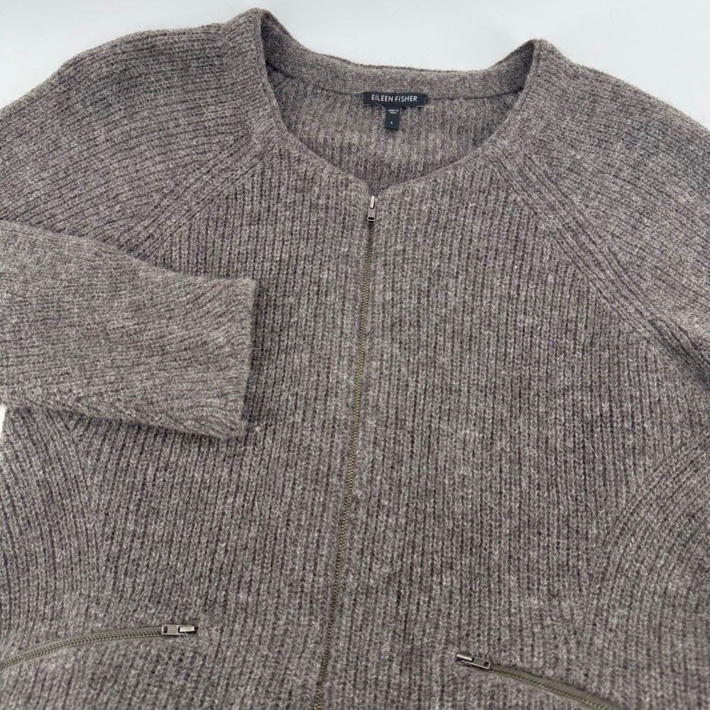 Eileen Fisher Cardigan Womens L Brown 100% Baby Alpaca Ribbed Zip Up Sweater